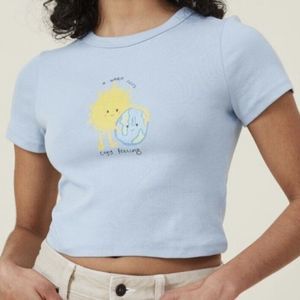 Cotton:On Women's Graphic Tshirt Crewneck Crop Warm Fuzzy Blue Sz XS Flaw